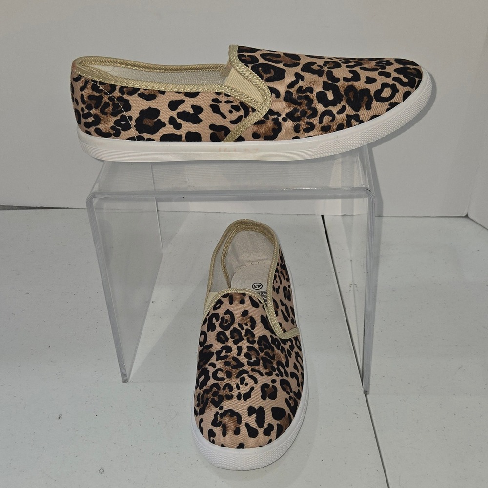 Leopard Print Canvas Slip On Sneakers Women Size EU 43 Tan Brown Animal Print